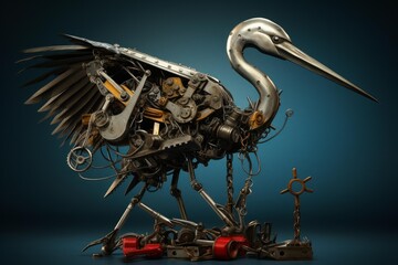 Steampunk heron bird sculpture showcasing intricate mechanical parts and futuristic design