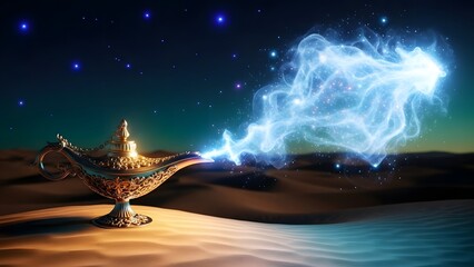 A magical lamp emitting a bright light in the desert at night