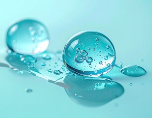 Two translucent spheres with bubbles, surrounded by droplets, blue backdrop