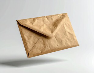 A tan paper envelope floats mid-air, creased and shadowed on a white backdrop