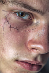 Fototapeta premium Close up of young man's face with scars. Portrait of a serious guy with a scar on his face
