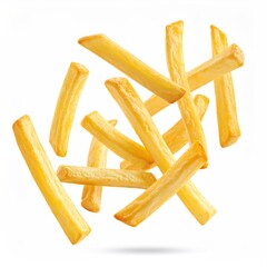 Golden, crispy potato sticks floating against a white background