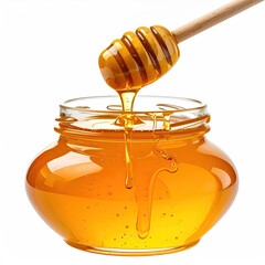Golden honey dripping from a wooden dipper into a glass jar