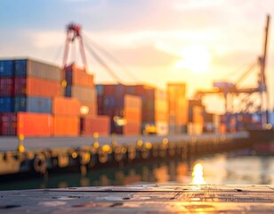 Cargo containers stack at port with cranes during a sunset