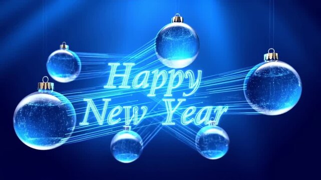 Futuristic Christmas tree ornaments transparent holographic glass spheres, glowing blue data lines digital particles decoration ball, dark blue technology light cinematic elegant corporate ornaments