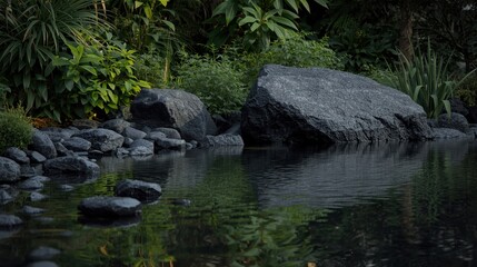 Serene garden pond with large rock