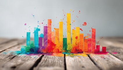 Colorful bar chart bursts from a wood surface with paint splatters, creative data representation
