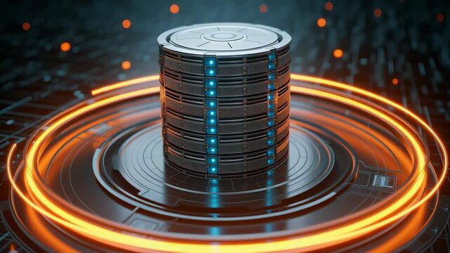 Glowing data server core surrounded by illuminated rings representing secure cloud storage high performance computing and advanced digital infrastructure