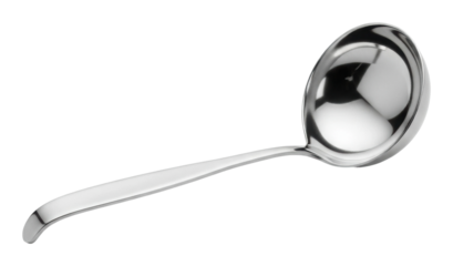 Serving soup with a stainless steel ladle in a kitchen environment isolated on transparent background