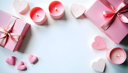Valentine&rsquo;s Celebration Flat Lay with Pink Candles and Heart Ornaments