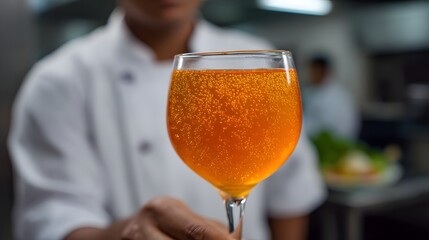A chef holds a glass of vibrant orange bubbly drink in a kitchen setting