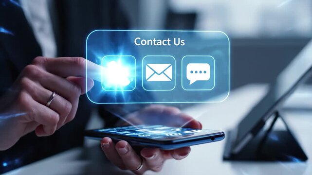Business person interacting with holographic contact us interface on smartphone for customer support options like call, email, and chat, 4k