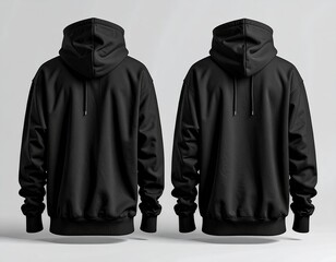 Two back-view black hooded sweatshirts, isolated on a plain, white background