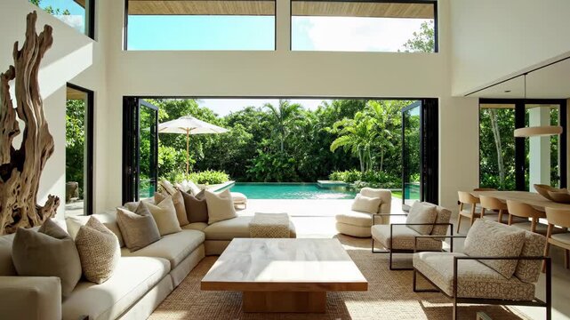 Luxury tropical living room with view of lush green pool area and natural wood sculpture, 4k