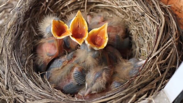 Tiny little newly hatched chicks in the nest. Fieldfare (Turdus pilaris).