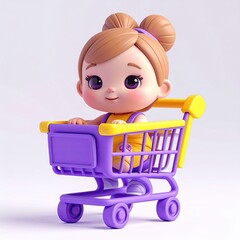 Cartoon child sits smiling in a purple and yellow shopping cart