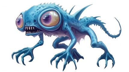 A fantastical and menacing blue alien creature with large, bulging eyes, sharp teeth, and spiky protrusions is depicted in a crouching, aggressive stance on a black background.