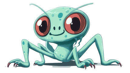 A charming and friendly light green alien creature with large, expressive red eyes and a cute smile poses in a squatting position against a solid black background.