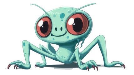 A charming and friendly light green alien creature with large, expressive red eyes and a cute smile poses in a squatting position against a solid black background.