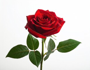 Close-up of a vibrant red rose with green stem and leaves against white