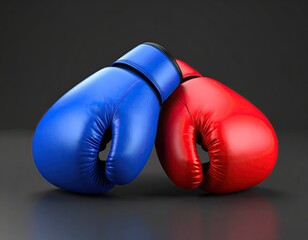 A pair of boxing gloves, one blue, one red, resting against each other