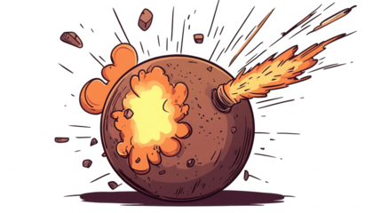 A classic cartoon spherical bomb with a burning fuse and sparks flying around, illustrating an imminent explosion on a dark, isolated background.