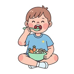 Happy boy smiling enjoying healthy colorful meal with vegetables and pasta a charming flat