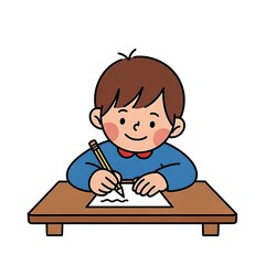 A cheerful cartoon boy diligently writing at his desk happily learning with a simple clean