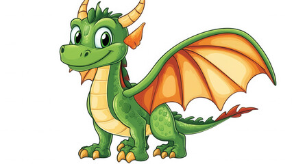 Fototapeta premium A cheerful green cartoon dragon with big expressive eyes and striking orange wings, standing confidently with a gentle smile on its face.