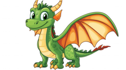 A cheerful green cartoon dragon with big expressive eyes and striking orange wings, standing confidently with a gentle smile on its face.