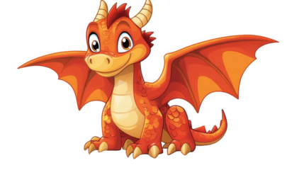 An endearing orange cartoon dragon with wide, friendly eyes and broad wings, sitting comfortably with a warm and inviting smile.