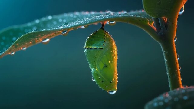 Macro Shot of Green Monarch Butterfly Chrysalis Hanging from Leaf with Water Droplets