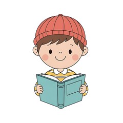 A happy boy in a red cap reads a book joyfully learning Vibrant cartoon simple art white