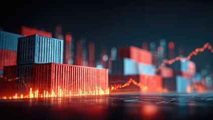 Shipping containers stacked, with a digital overlay of an animated stock market chart