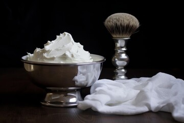 Shaving cream, brush, and washcloth presenting classic men's grooming essentials on a dark background