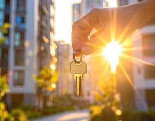 Hand holding keys, sunburst behind apartment buildings