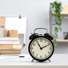 Close-up of an alarm clock on a white desk, with office items in the background