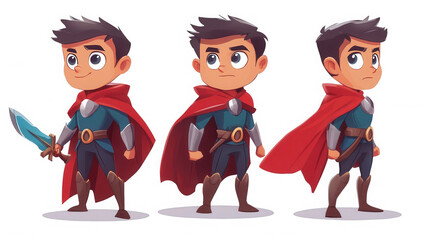 Three identical cartoon boys, dressed as fantasy knights with blue tunics, brown boots, and red capes, stand in various poses.