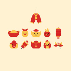 Lunar new year of cute chibi-style icons featuring traditional clothes, ingots, zodiac animals, and firecrackers