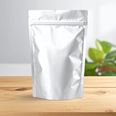 Bright white pouch stands on wooden table, with plant background