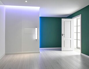 Modern interior teal wall with open white door, led light, and wood floor