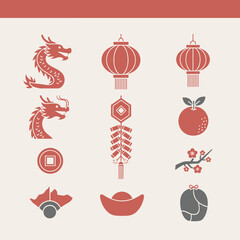 Lunar new year of pixel art icons featuring dragons, lanterns, firecrackers, ingots, and plum blossoms in red tones
