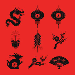 Lunar new year of black silhouettes including dragon, lanterns, firecrackers, plum blossoms, and fan on red background