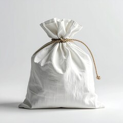 A tied-up white cloth sack against a plain white background
