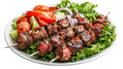 A plate of meat skewers and vegetables, isolated on a transparent background