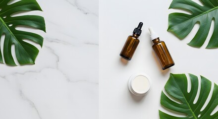 Cosmetic bottles with tropical monstera leaves on a white marble background