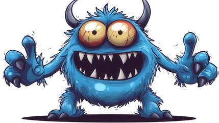 A cute, fluffy blue cartoon monster with large expressive eyes, sharp teeth, and small horns excitedly smiles, ready for a hug or adventure.