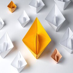 Origami paper boats, various sizes, lead by a yellow one