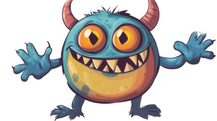 A delightful cartoon blue monster with prominent horns, large eyes, and a wide, happy smile proudly displays its sharp teeth.