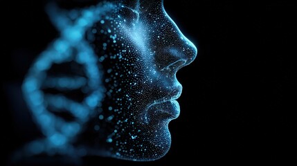 A digital representation of a face composed of glowing particles, featuring a DNA helix, symbolizing the intersection of technology and biology.